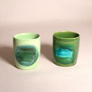 Set of 2 Signed Handmade Green Tone Ceramic Tumblers
